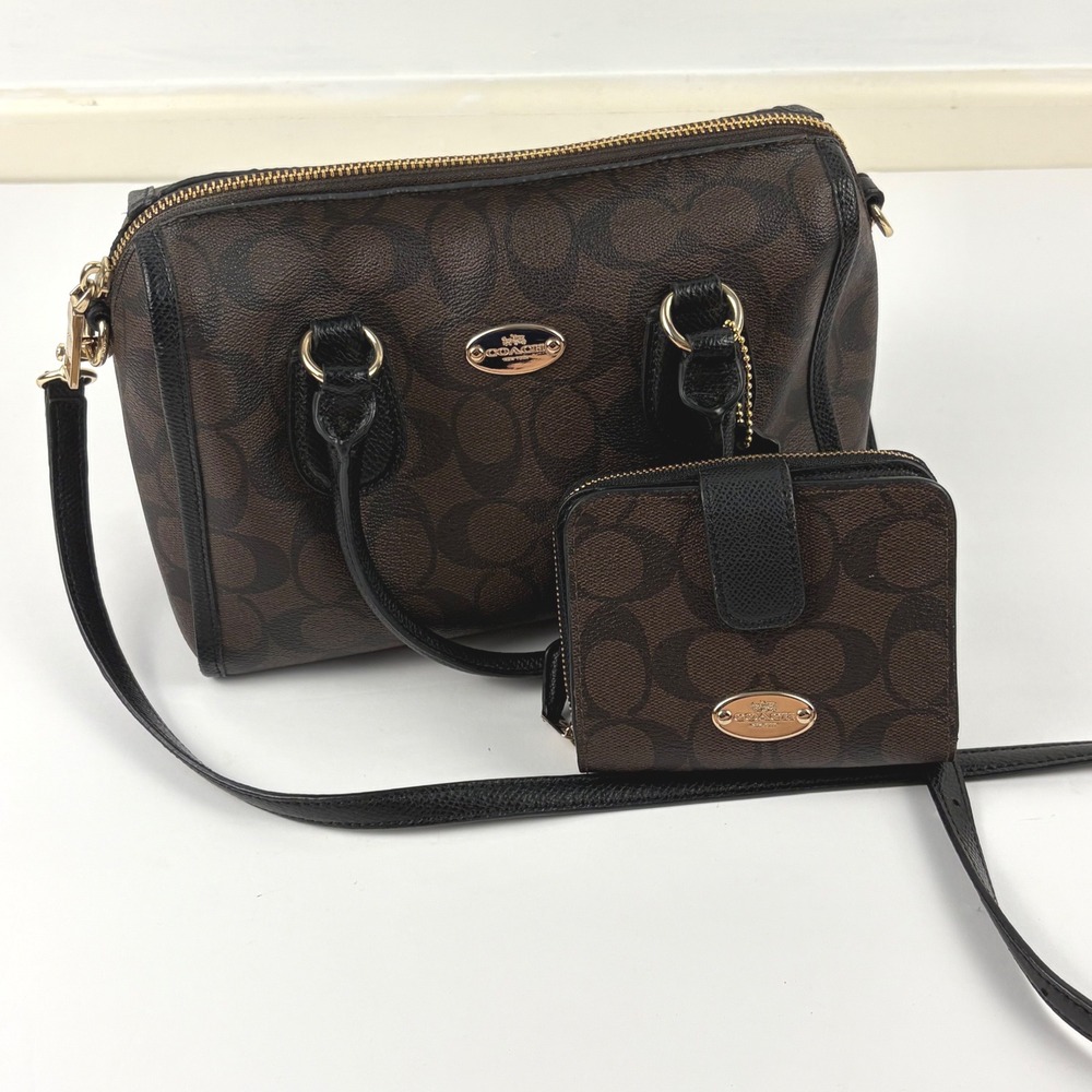 Coach Signature Brown Black Satchel Crossbody Bag Matching Wallet Gold Hardware
